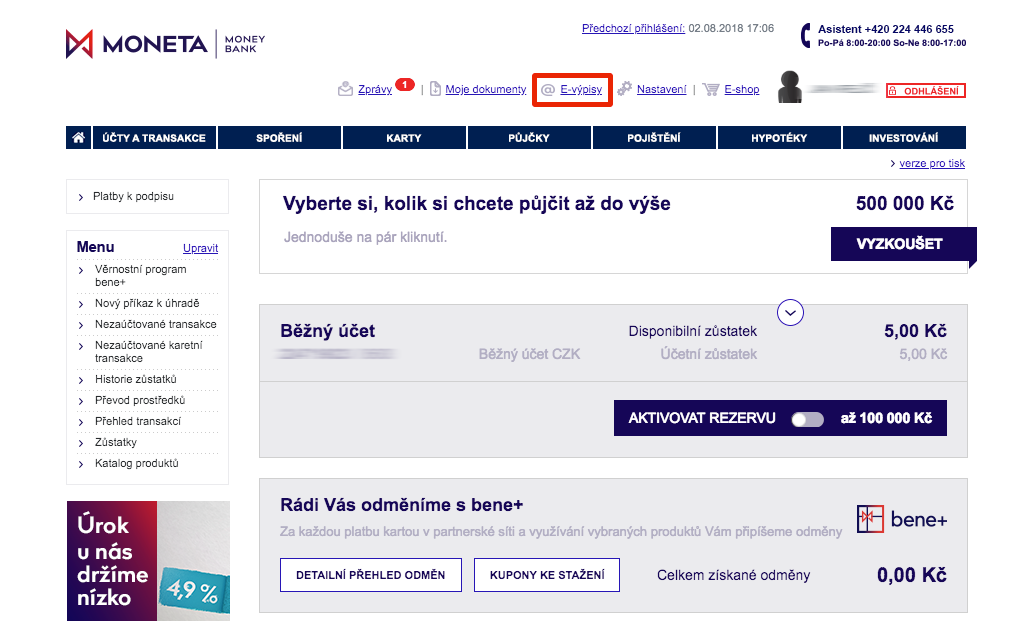 Jak zjistit zůstatek na účtu Moneta?